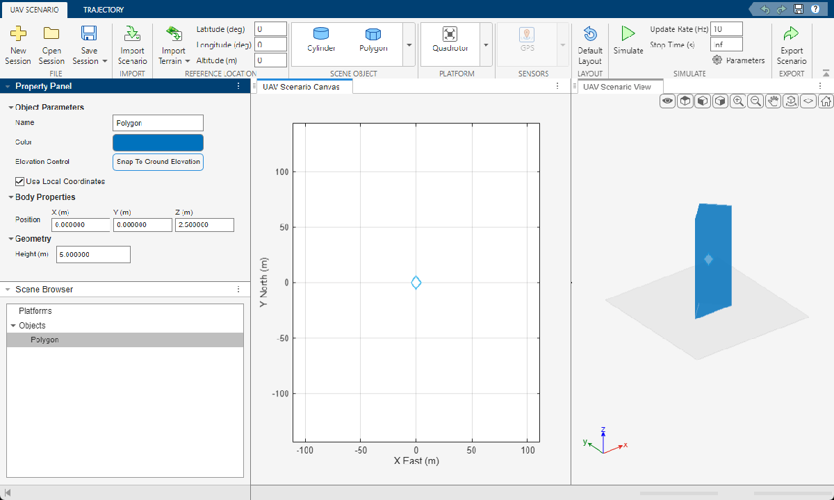 UAV Scenario Designer app showing a polygon object at the origin with height set to 5 meters