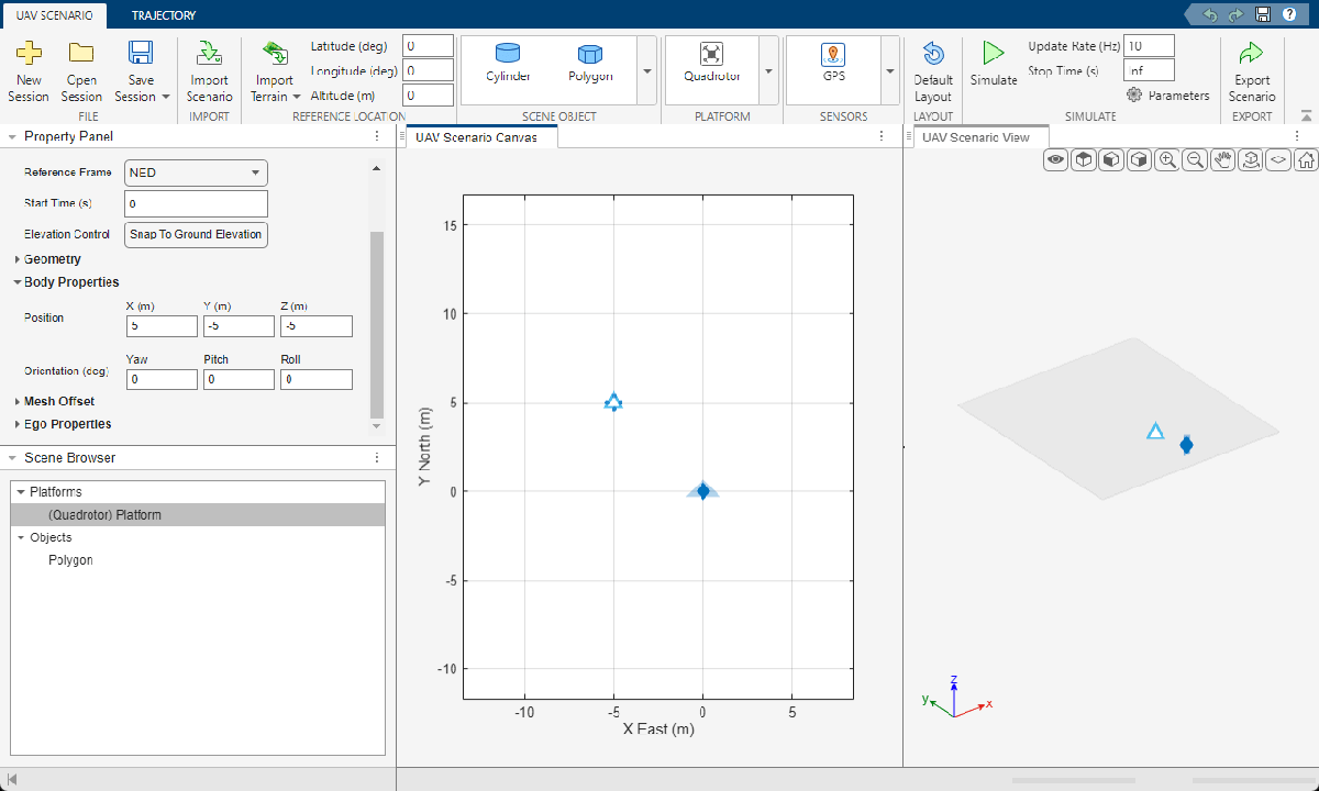 UAV Scenario Designer app showing a quadrotor platform positioned at (5, -5, -5) with a polygon object in the scene