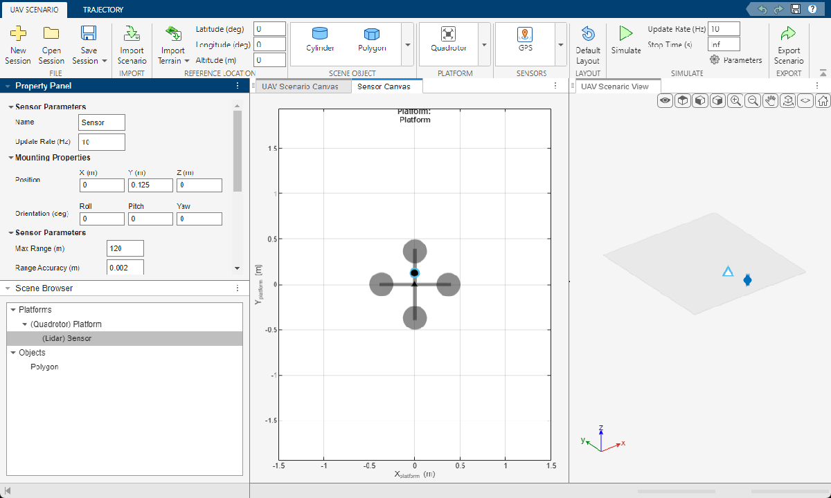 Sensor Canvas showing a lidar sensor mounted on the quadrotor platform with sensor parameters in the Property Panel