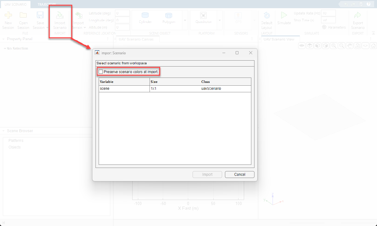 Import Scenario dialog with Preserve scenario colors at import cleared and scene variable selected