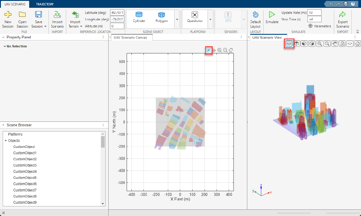UAV Scenario Designer showing imported Manhattan building meshes with scene object markers hidden