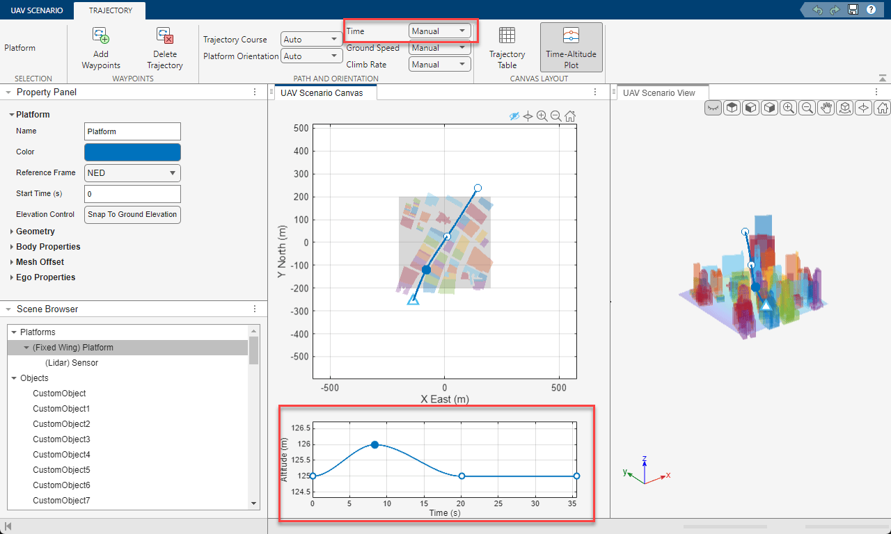 UAV Scenario Designer with Trajectory tab showing time-altitude plot, three waypoints on the canvas, and Time set to Manual