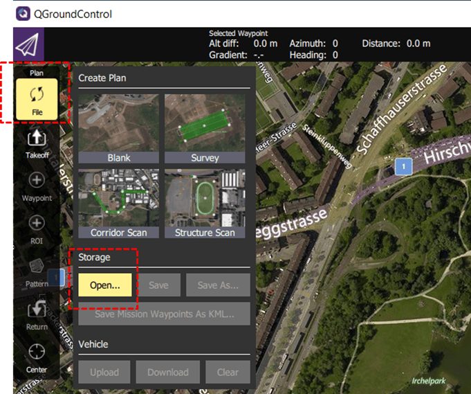 Create plan menu of QGroundControl, showing the Open button.