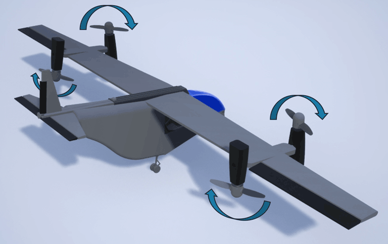 VTOL UAV in alternative configuration with four rotors, front two tilting forward and rear two tilting backward