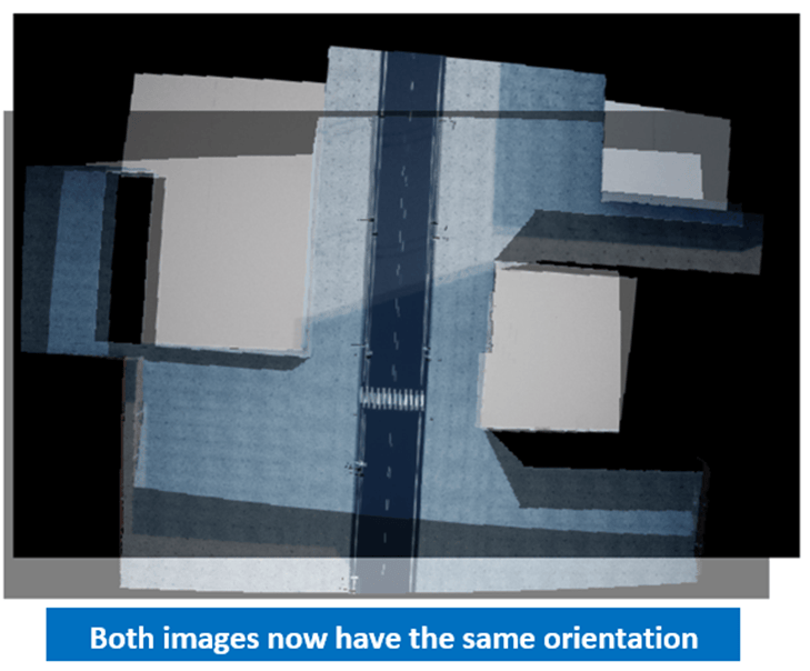 Two aerial images aligned to the same orientation after applying an affine transform