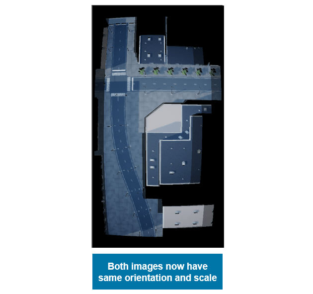 Two aerial images overlapped and registered using drone position, showing matching orientation and scale