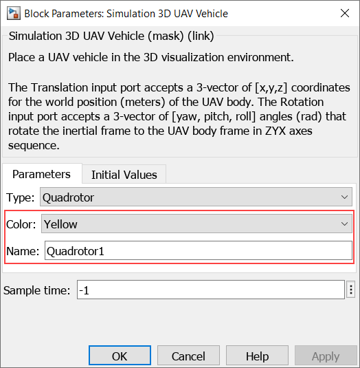 Simulation 3D UAV Vehicle block parameters with Type set to Quadrotor, Color set to Yellow, and Name set to Quadrotor1