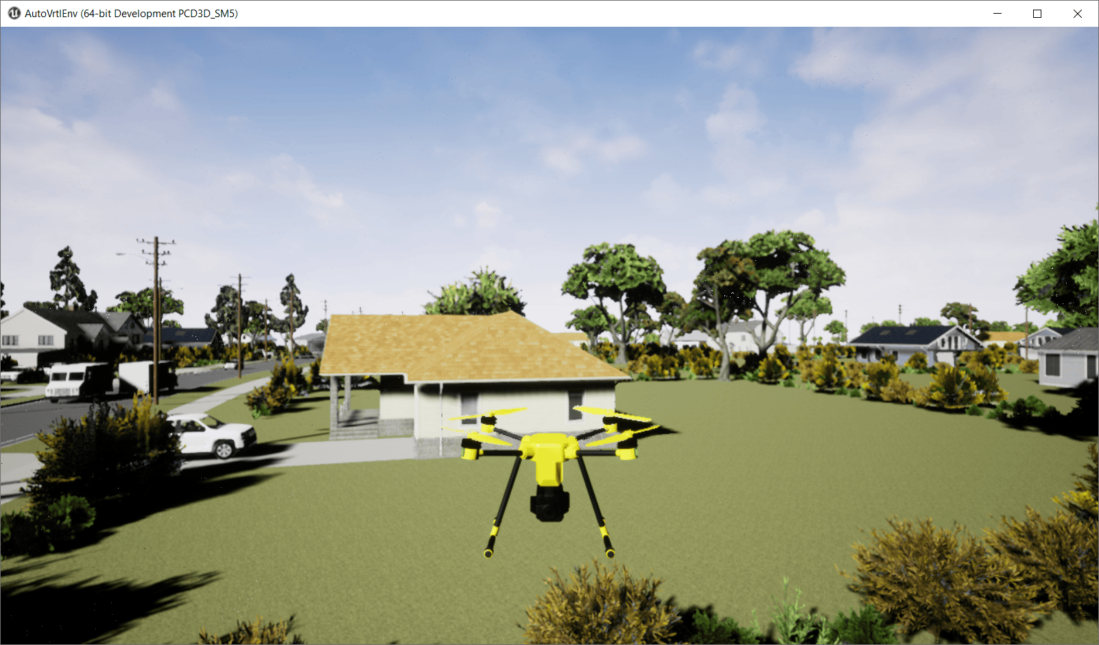 Unreal Engine 3D visualization showing a yellow hexarotor UAV hovering over a suburban neighborhood