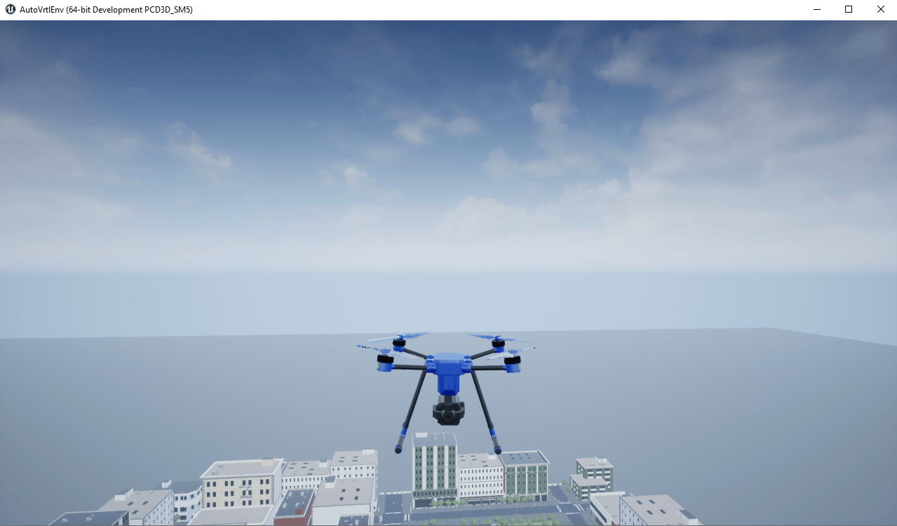 Unreal Engine simulation showing a blue quadrotor UAV flying over urban buildings