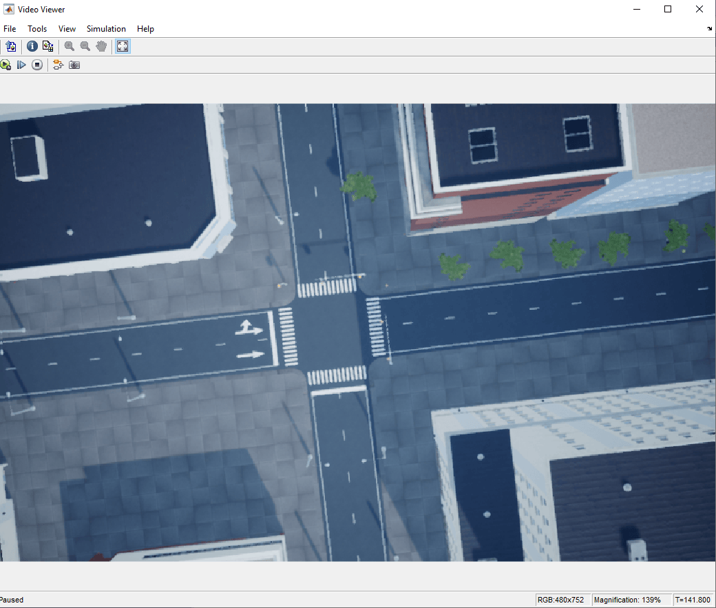 Video Viewer displaying a downward-facing camera view of an urban intersection with roads and buildings