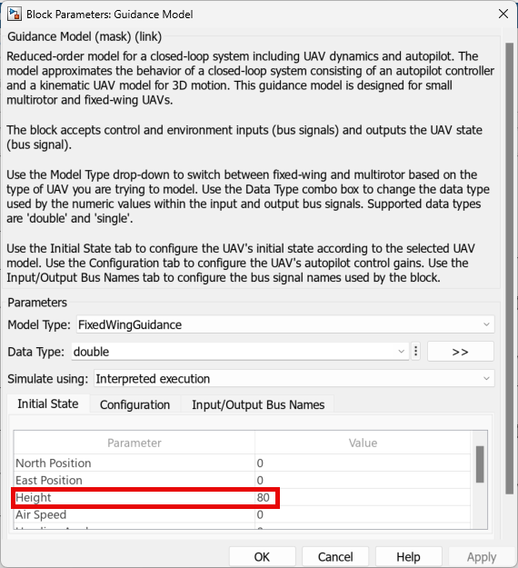 Guidance Model block mask with the initial height parameters highlighted