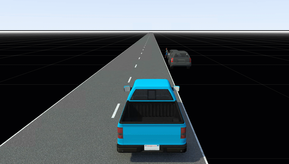 AEB Car-to-Pedestrian Nearside Child Obstructed scenario variants in Unreal 3D simulation.
