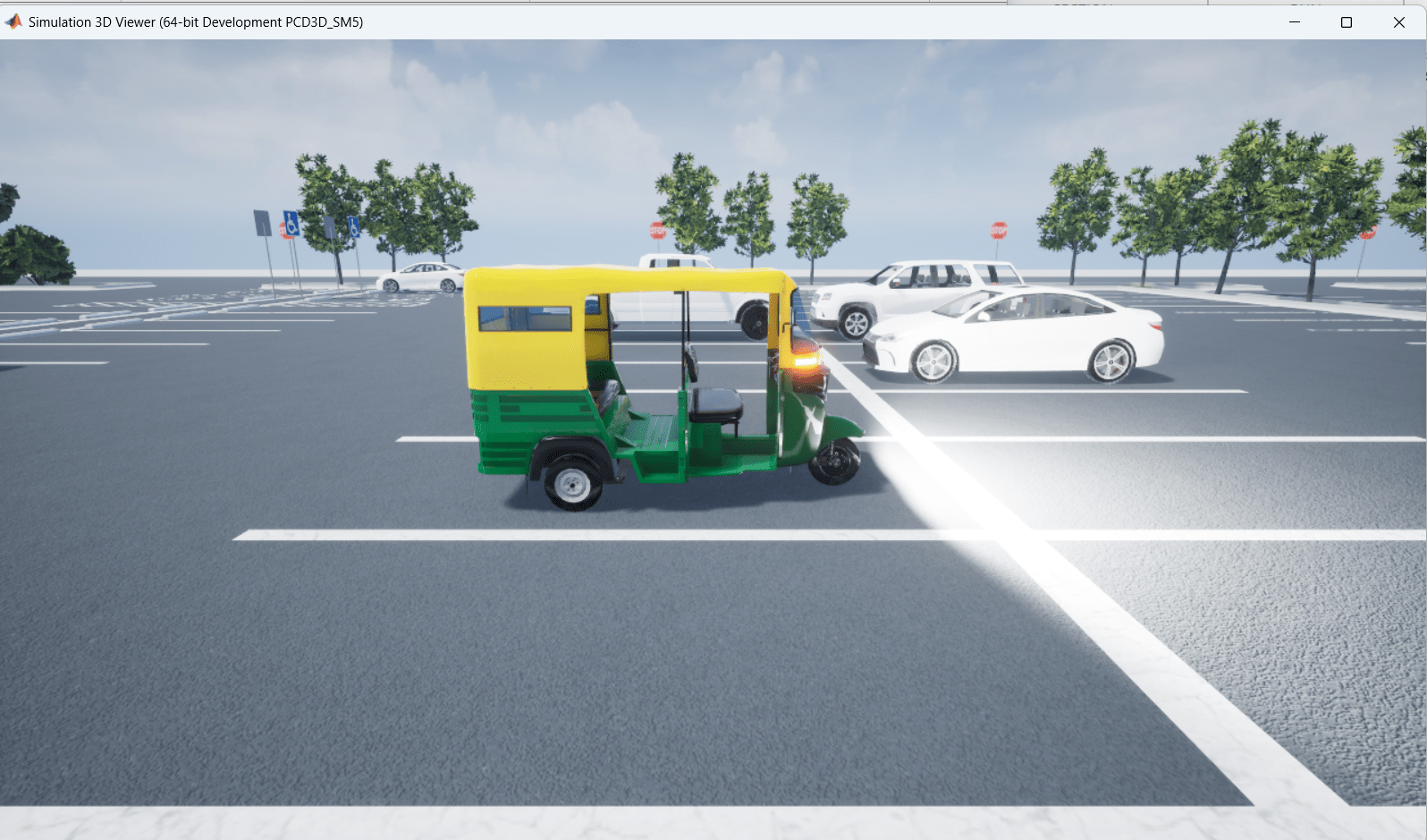 Simulation 3D animation of a TukTuk in a parking space, with lights flashing