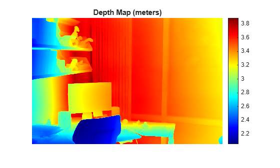 Depth map of the office scene using jet colormap with a colorbar ranging from 2.0 to 3.8 meters. Nearby objects like the chair appear in blue and distant objects like the windows appear in red.