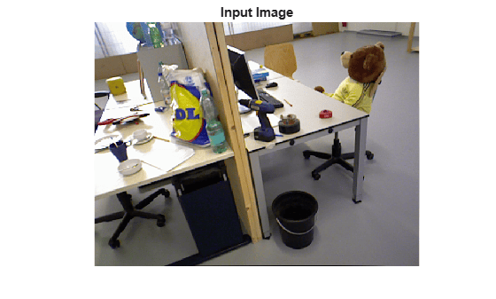 Indoor scene with two desks, various objects including a bag and a teddy bear, office chairs, and a waste bin