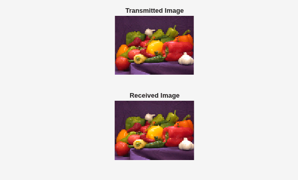 Figure Image Plot contains 2 axes objects. Hidden axes object 1 with title Transmitted Image contains an object of type image. Hidden axes object 2 with title Received Image contains an object of type image.