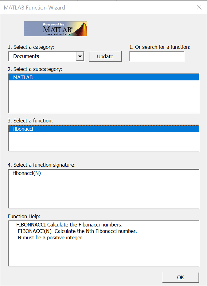 MATLAB Function Wizard contains the selected Documents\MATLAB category, fibonacci function, fibonacci function signatures, and the fibonacci function help.