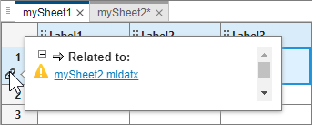 The Safety Analysis Manager displays the mySheet1 spreadsheet. the cursor points to the link icon in the first row, and a tool tip appears. The tooltip displays the link information, and indicates that the row links to mySheet2, but the link is unresolved.