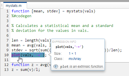 This image shows the report for the function mystats. The cursor points to the extrinsic function, plot, and the report displays the function properties. The extrinsic function is purple.