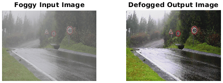 Image of a road before and after applying fog rectification algorithm.