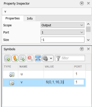 Screenshot of the Property Inspector with the value of variable v set to fi(0,1,16,3).