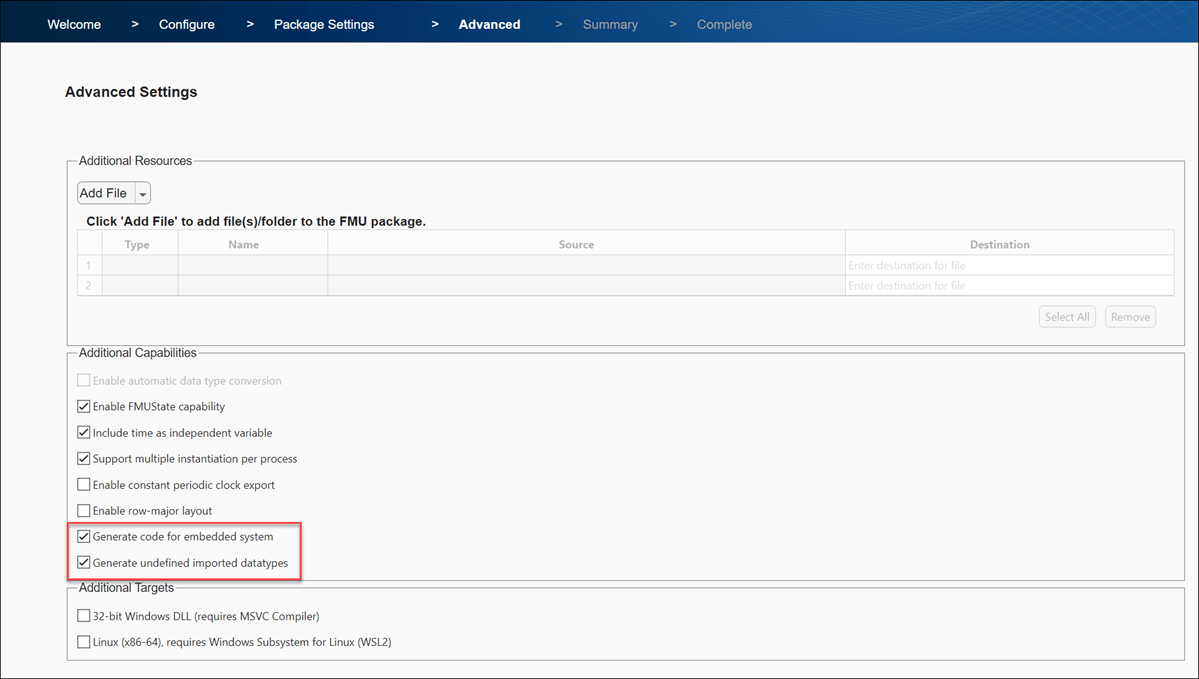 FMU Builder wizard with ERT code generation options selected