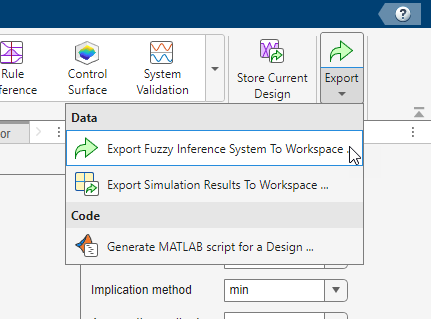 App toolstrip showing the Export Fuzzy Inference System to Workspace selection in the Export drop-down menu on the far right side of the toolstrip.