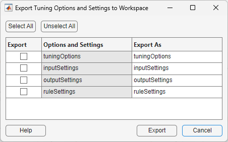 Export Tuning Options and Settings to Workspace dialog box containing a table with three columns, from left to right, Export, Options and Settings, and Export As.
