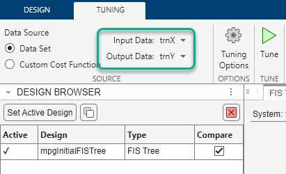 Tuning tab toolstrip highlighting the Input Data and Output Data drop-down lists in the Source section.