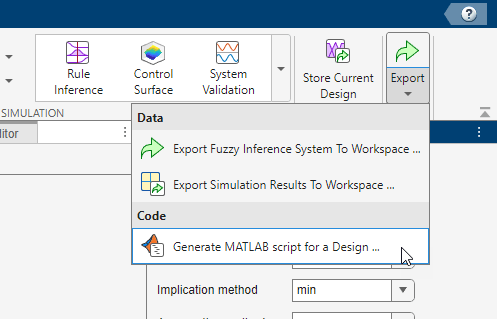 Export menu expanded with cursor over third item titled Generate MATLAB script for a design