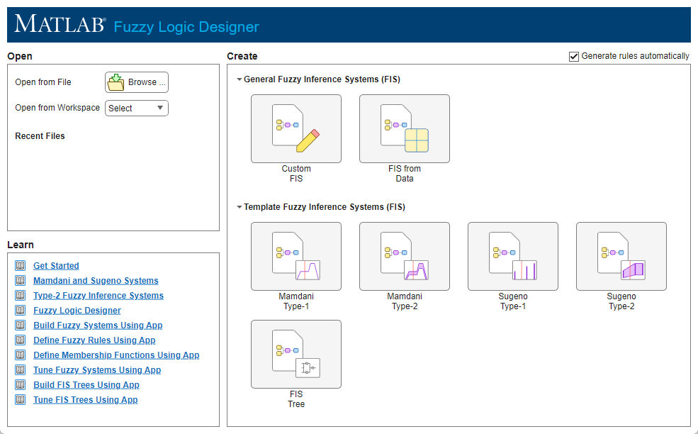 Default Getting Started dialog box with an Open section in the top left corner, a Learn section in the bottom left corner, and a Create section on the right