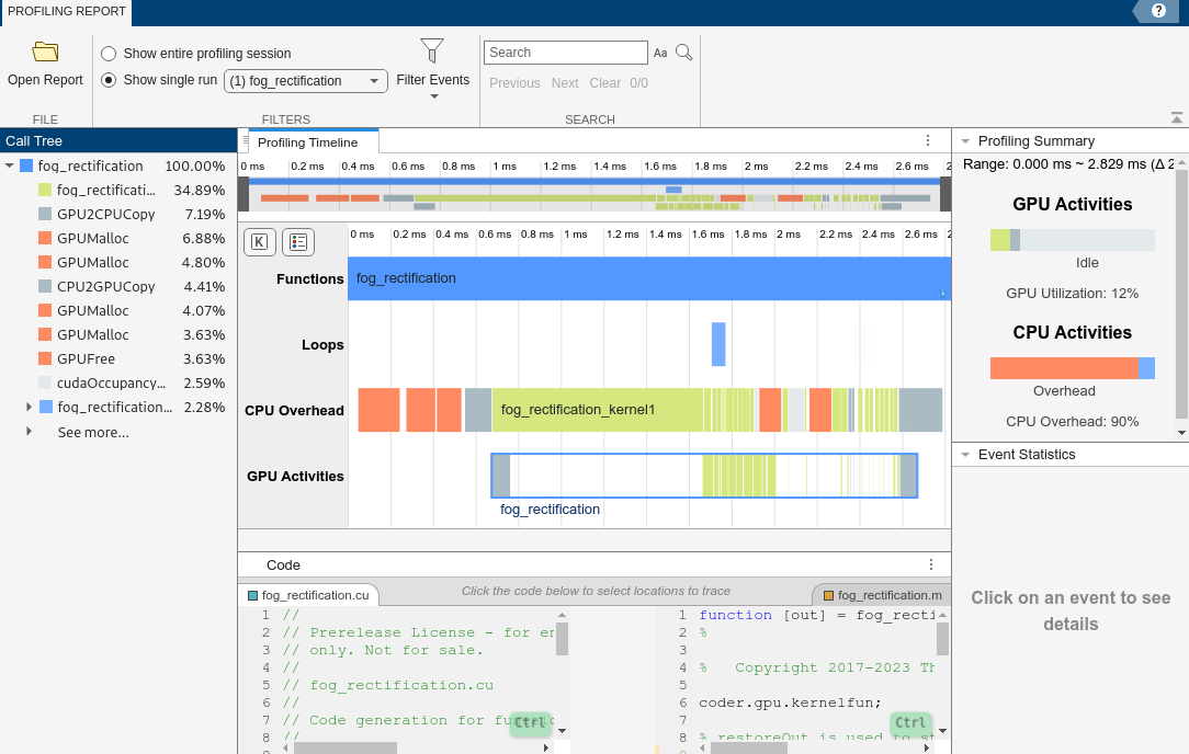 Screen shot of GPU Performance Analyzer showing the profiling data for the first iteration of the generated MEX with memory manager enabled.