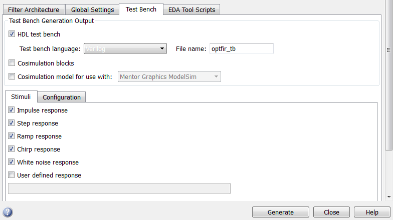 Test Bench tab of the Generate HDL tool