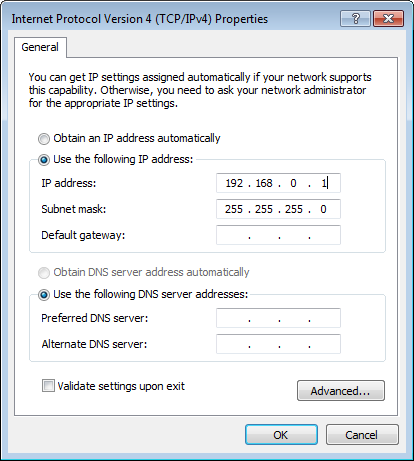 Internet protocol version 4 properties window, with the IP address and subnet mask populated.