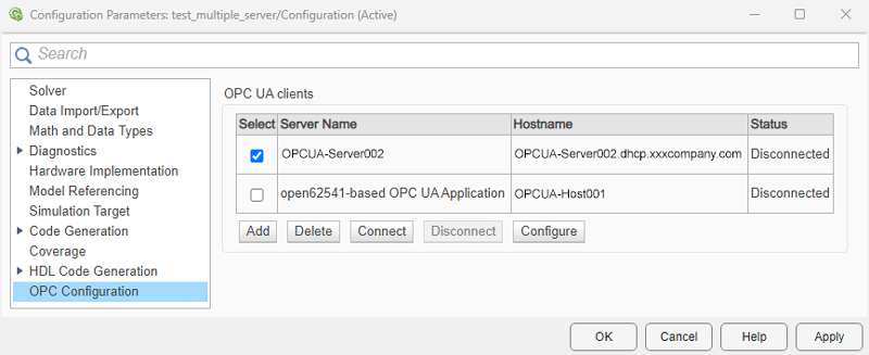 OPC Configuration pane