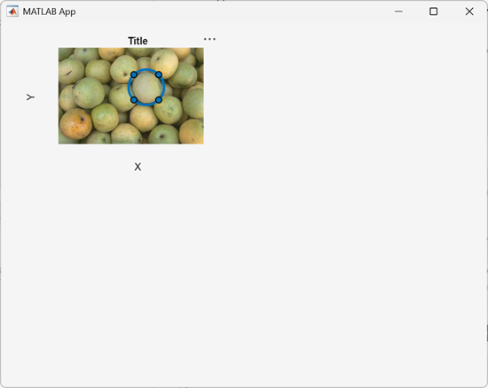 App Designer app window with a UIAxes in the top-left corner. The axes contains an image of pears and a circular ROI.