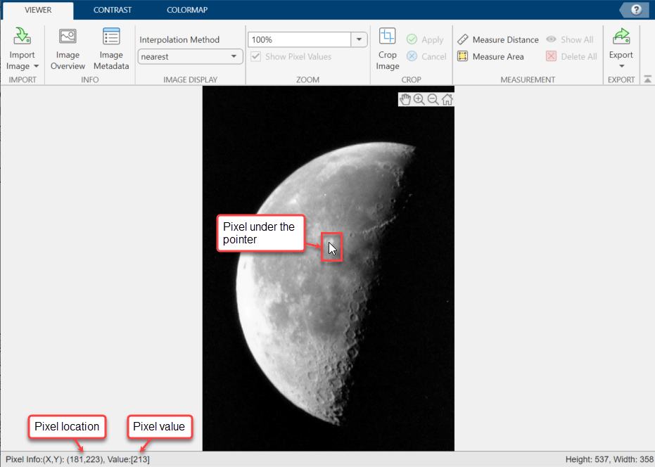 Grayscale image of the moon, with pixel info displayed for the pixel with location (181, 223) and intensity value 213