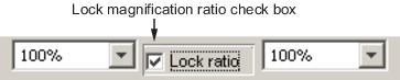 The lock magnification ratio check box is selected, and the magnification edit box of the moving and fixed images show an identical magnification value.