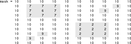 The mask image, returned as a 10-by-10 numeric matrix. The regional minima are highlighted in gray.