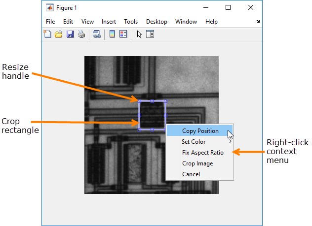 Crop Image tool displaying a blue rectangle over the region to be cropped and a context menu with options such as "set color" and "fix aspect ratio".