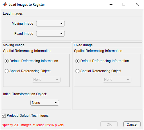 "Load Images to Register" dialog box with dropdowns to select the moving image and fixed image variables from the workspace.