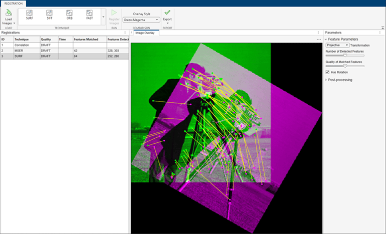 Registration Estimator app showing an overlay of images with corresponding control points.