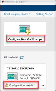 Oscilloscope Explorer home showing a TBS1072C device card with Configuration Needed status