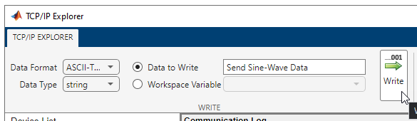 TCP/IP Explorer app Write section for ASCII data.