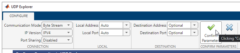 UDP Explorer app with connection parameters.