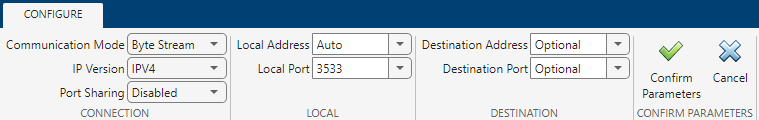 UDP Explorer app with connection parameters.