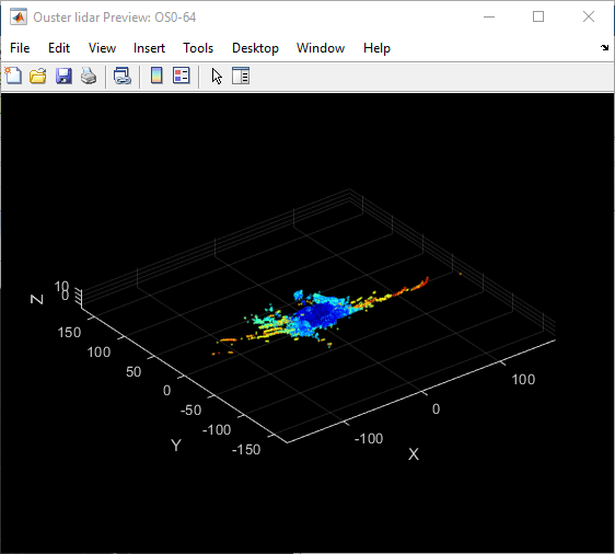 Preview window displaying point cloud data from Ouster lidar sensor.