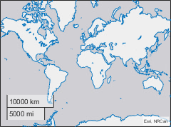 World map with coastlines in blue