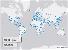 World map with populated places in blue