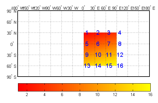 Geolocated data grid on a map. The labels are located in the upper-left corner of each cell.